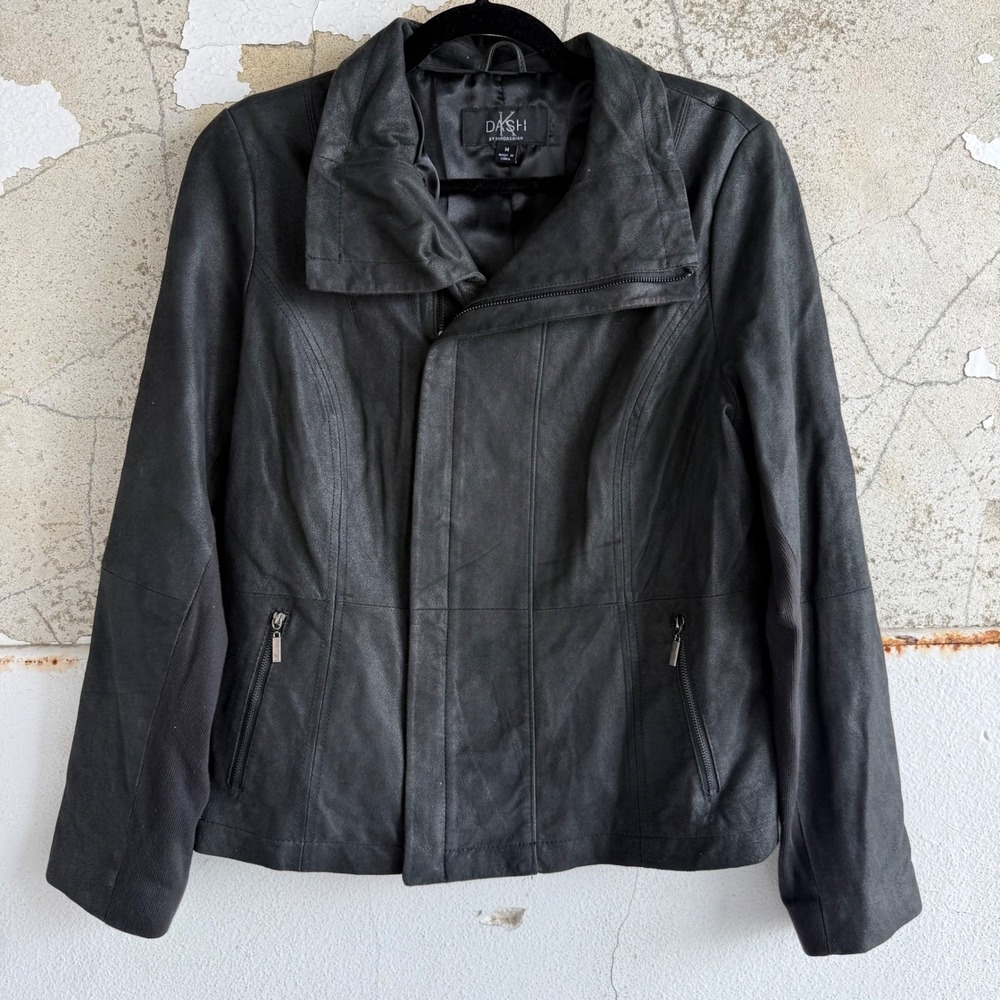 Leather Moto Jacket DASH by‎ Kardasian Black Asymmetrical Zip Womens M Celebrity